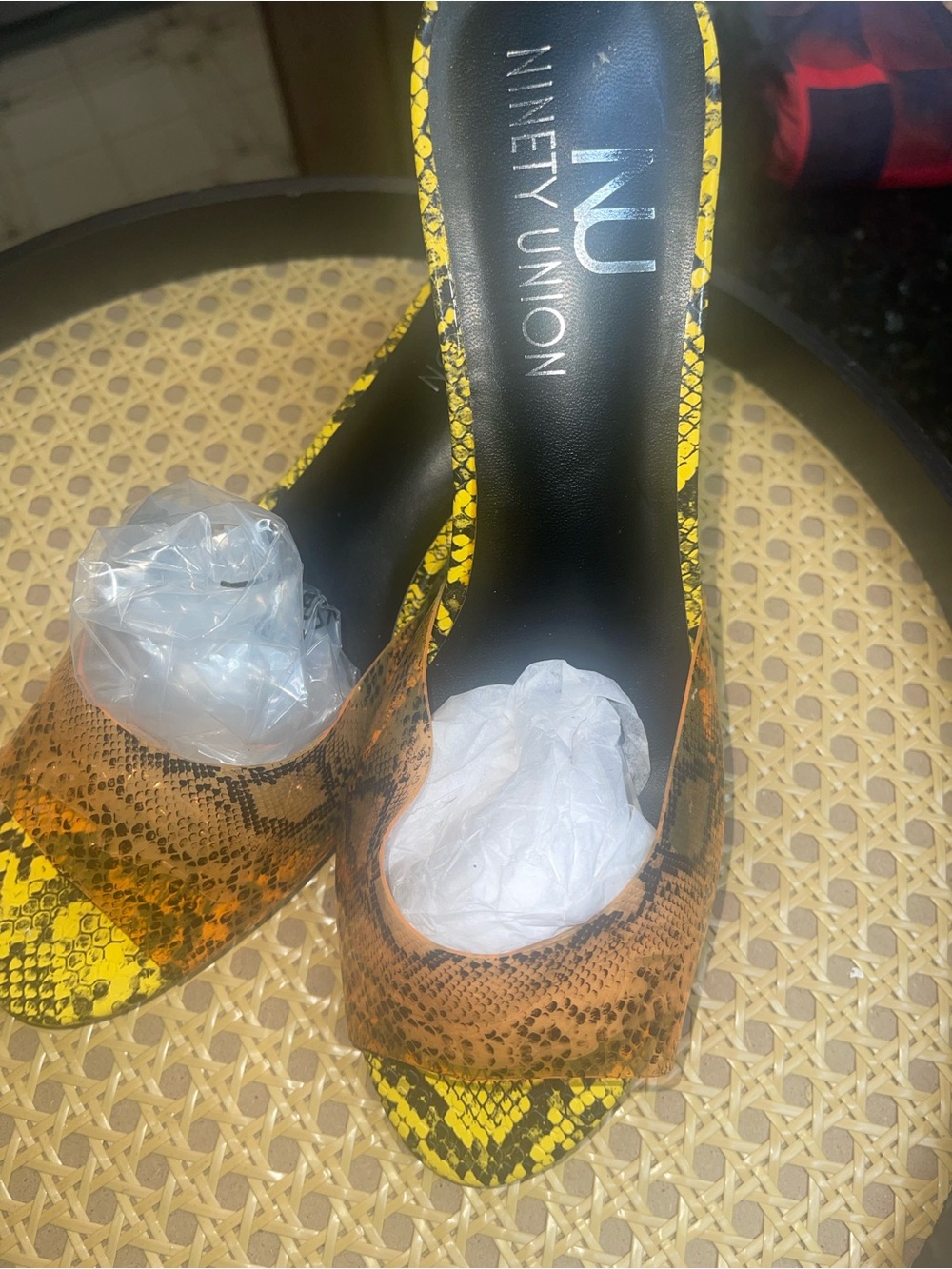 Yellow Snake-Print Peep-Toe Slides